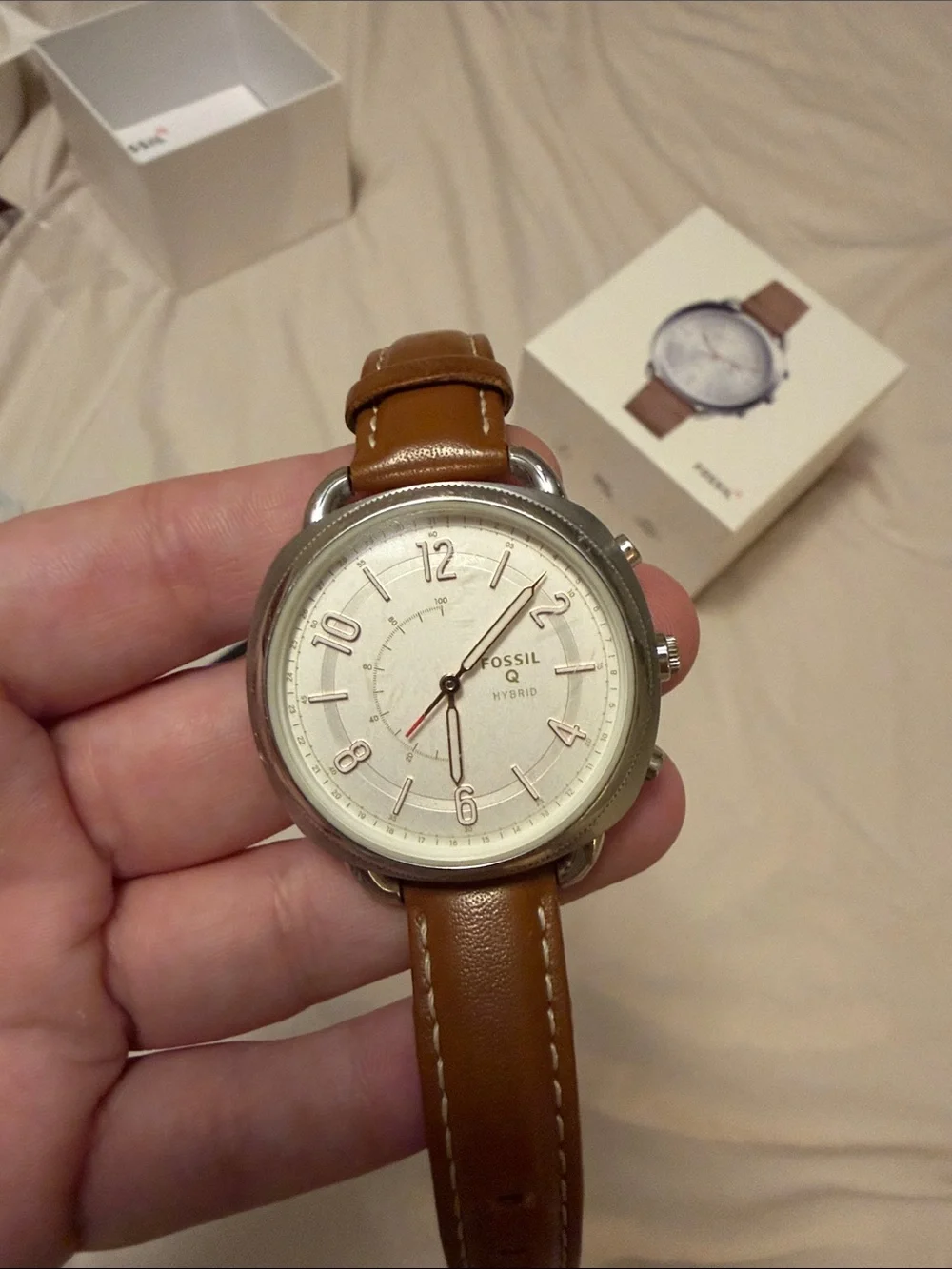 Fossil Q Hybrid Watch with Brown Leather Strap and Silver Case